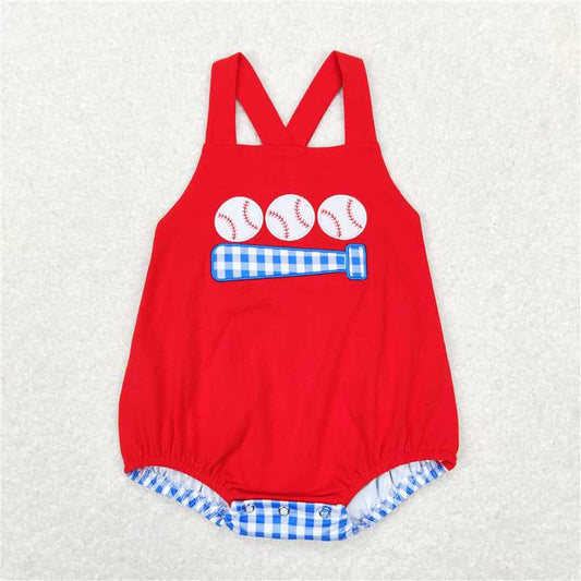 SR0687RTS NO MOQ  Baby Boys Summer Rompers Baby Infants Boys Red Baseball Straps Rompers