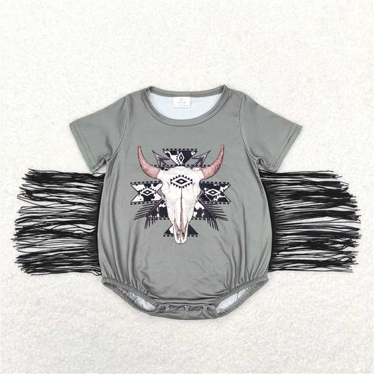 SR0579 Baby Infant Girls Tassel Green Cow Skull Western Short Sleeve Rompers