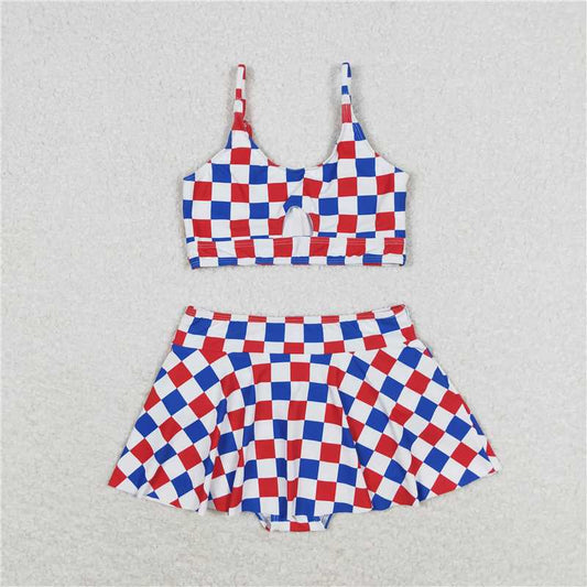 S0287  Baby Girls Summer Red Blue Checkered Top Bottoms 2pcs Swimsuits