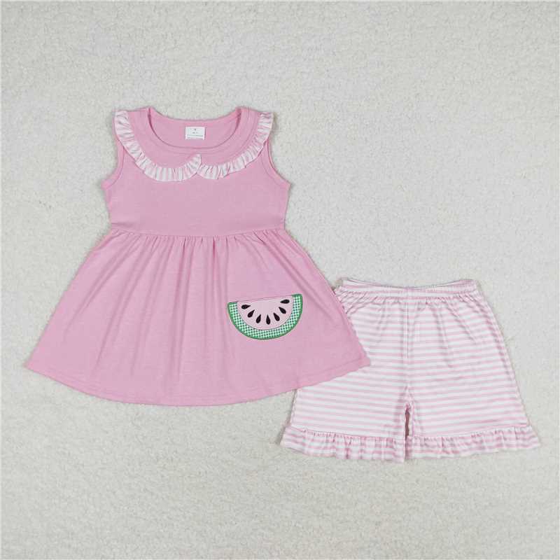 GSSO1055RTS NO MOQ Baby Girls Summer Outfits Embroidered watermelon striped lace doll collar pink sleeveless shorts suit