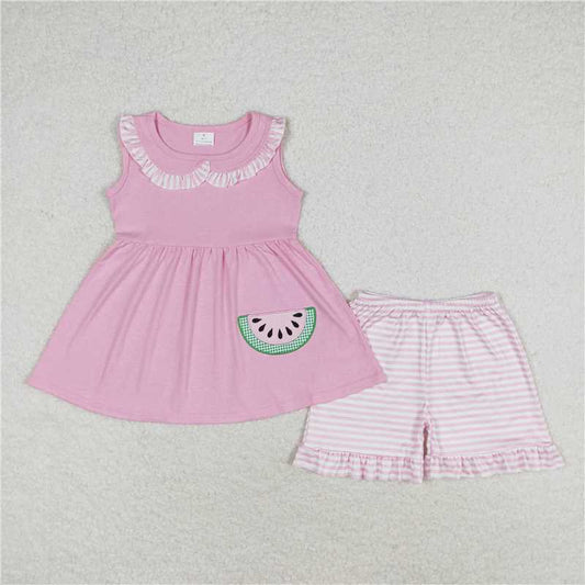 GSSO1055RTS NO MOQ Baby Girls Summer Outfits Embroidered watermelon striped lace doll collar pink sleeveless shorts suit