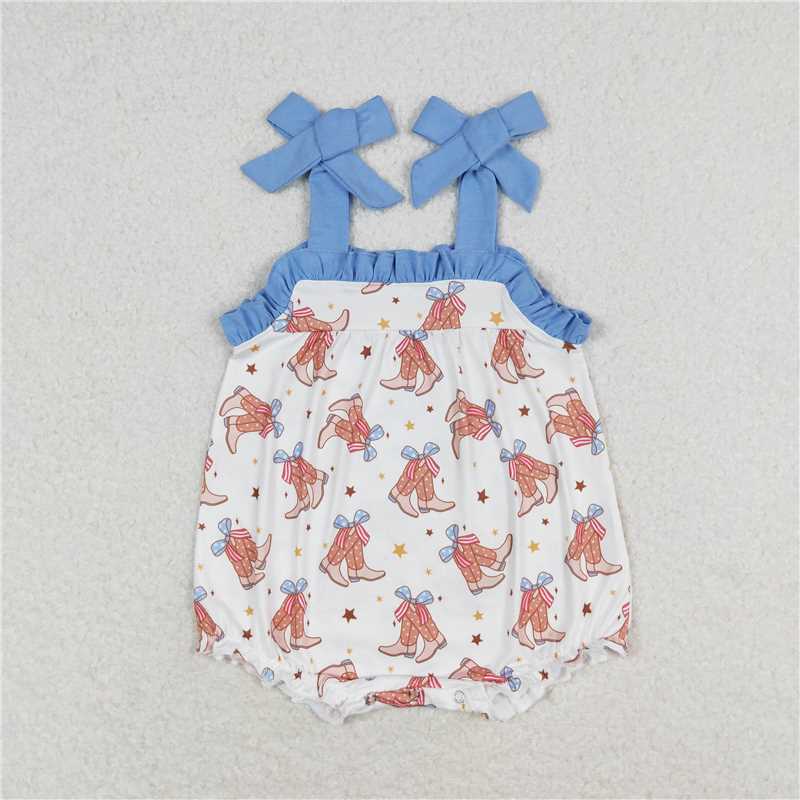 1.6 RTS NO MOQ （In stock）SR1547 4th of July Baby Infant Girls Ruffle Straps Boots Western Rompers