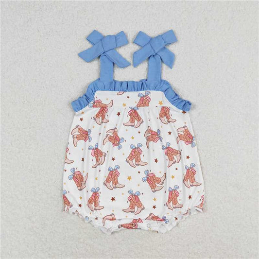 1.6 RTS NO MOQ （In stock）SR1547 4th of July Baby Infant Girls Ruffle Straps Boots Western Rompers
