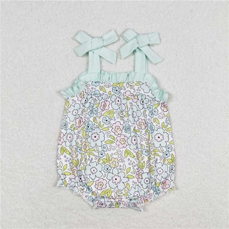 SR1456  Baby Girls Green Flowers Sibling Rompers Clothes Sets