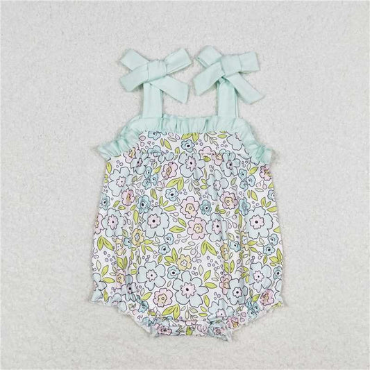 SR1456  Baby Girls Green Flowers Sibling Rompers Clothes Sets