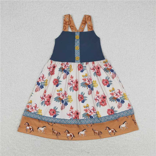 GSD1035 Baby Girls Western Horse Flowers Sibling Sister Rompers Dresses