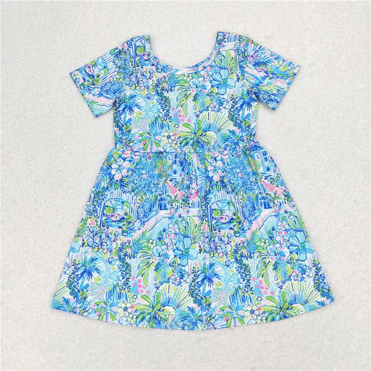 GSD1114 Blue short-sleeved dress with floral pattern
