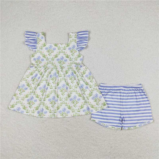 GSSO0938 Flower bouquet blue striped flying sleeve shorts suit