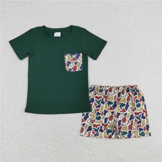 BSSO0923 Baby Boys Deer Green Pocket Short Sleeve Tee Shirt Top Camo Shorts Clothes Sets