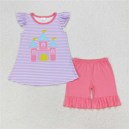 GSSO0775 Castle purple striped flying sleeves pink shorts set