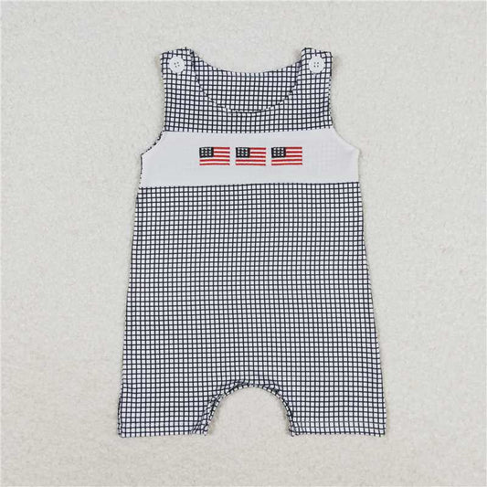 SR1001 Embroidery Baby Infant Boys Blue Checkered Flag 4th of July Rompers