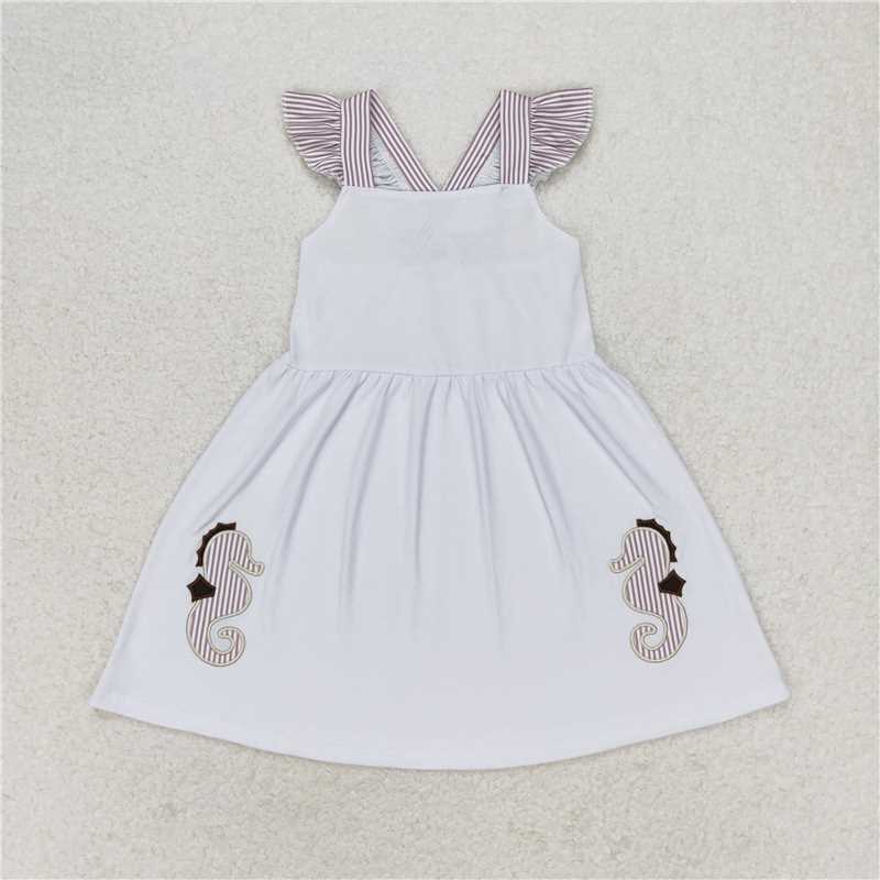 GSD1111  Baby Girls Flutter Sleeve Sea Horse Ruffle Knee Length Dresses