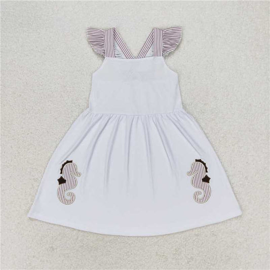 GSD1111  Baby Girls Flutter Sleeve Sea Horse Ruffle Knee Length Dresses