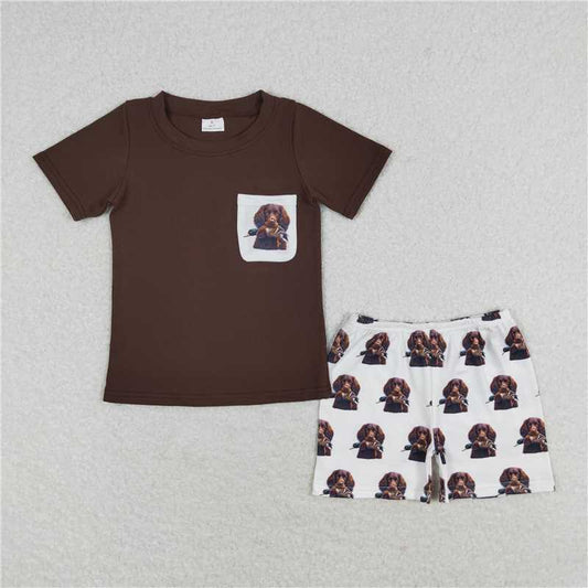 BSSO0936 Baby Boys Brown Pocket Shirt Dog Hunting Shorts Clothes Sets