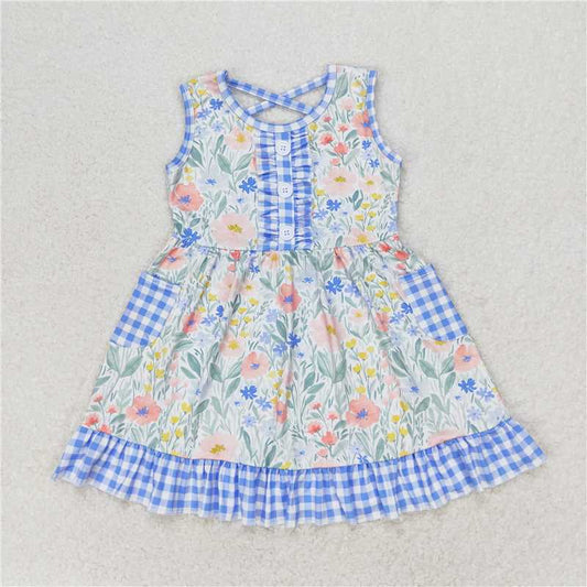 GSD1009 Floral Blue and White Plaid Pocket Lace Sleeveless Dress