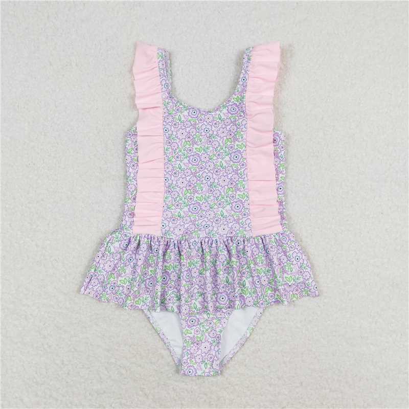 S0331  Baby Girls Summer Lavender Flowers Sibling Sister Swimsuits