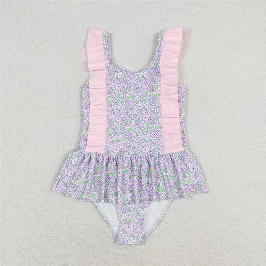 S0331  Baby Girls Summer Lavender Flowers Sibling Sister Swimsuits