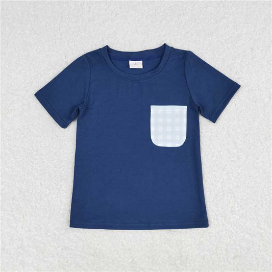 BT0705 Short sleeves plaid pocket blue kids boys shirt
