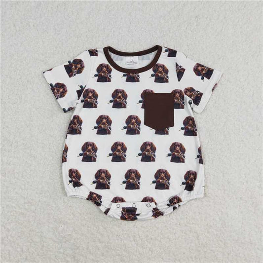 SR1685 Baby Boys Brown Pocket Dogs Sibling Rompers Clothes Sets