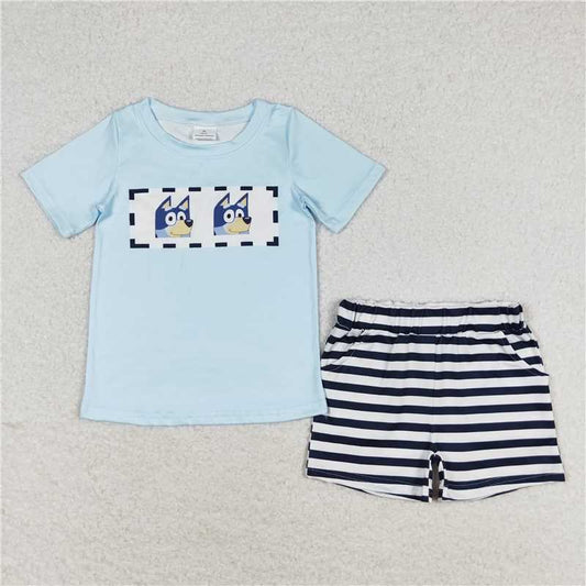 BSSO0682 RTS NO MOQ Baby Boys Summer Boys Outfits Baby Boys Dog Blue Short Sleeve Tee Shirt Stripes Shorts Clothes Sets