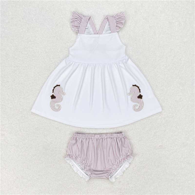 GBO0350 RTS NO MOQ Baby Girls Summer Outfits Baby Girls Sea Horse White Top Bummie Sets