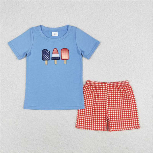BSSO0744 RTS NO MOQ Baby Boys Summer Boys Outfits Blue popsicle top plaid shorts boys 4th of july clothing