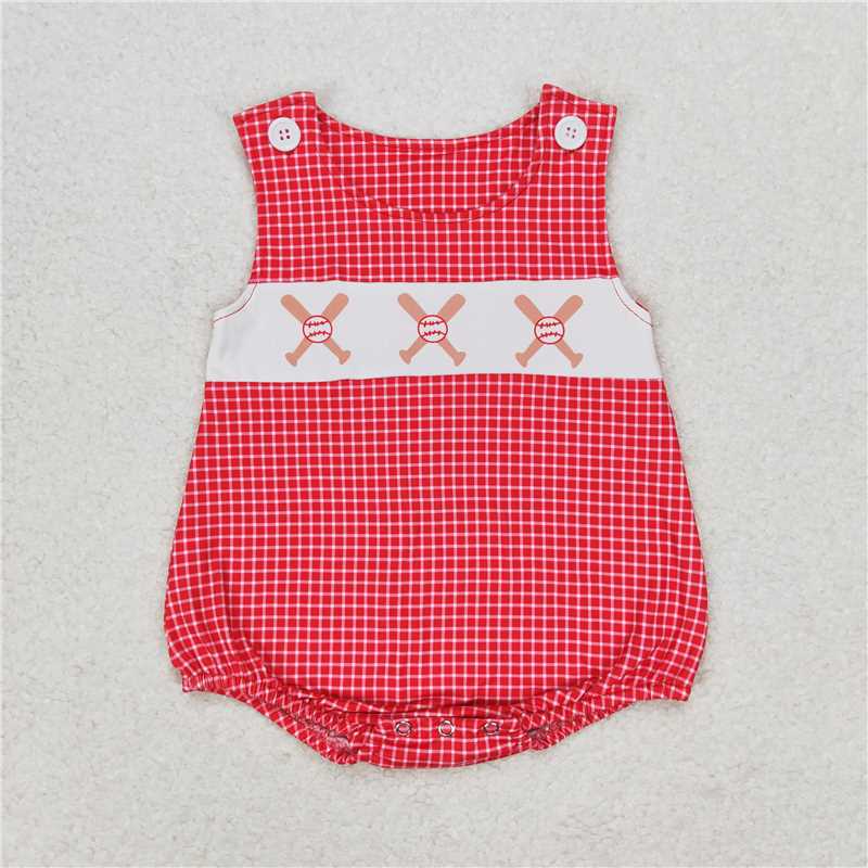 SR1338  Baby Boys Red Checkered Baseball Sleeveless Summer Rompers preorder