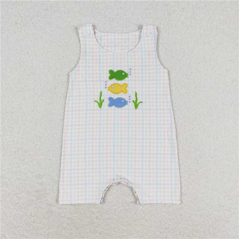 SR1121 Baby Infant Boys Green Checkered Fishes Rompers