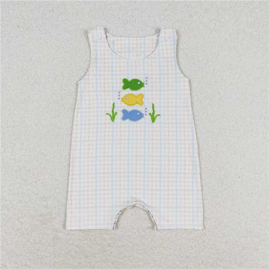 SR1121 Baby Infant Boys Green Checkered Fishes Rompers