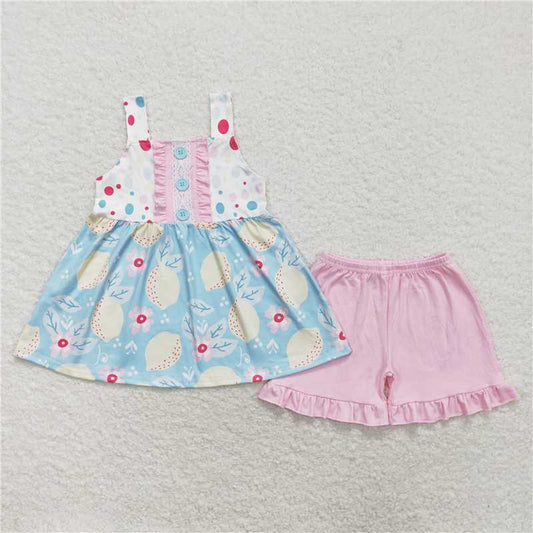 GSSO1133 RTS NO MOQ  Baby Girls Summer OutfitsLemon flower sleeveless pink shorts set