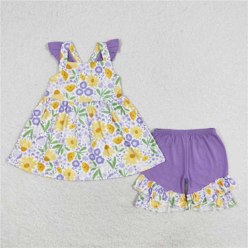 GSSO1177 Pink and purple flower flying sleeve shorts set