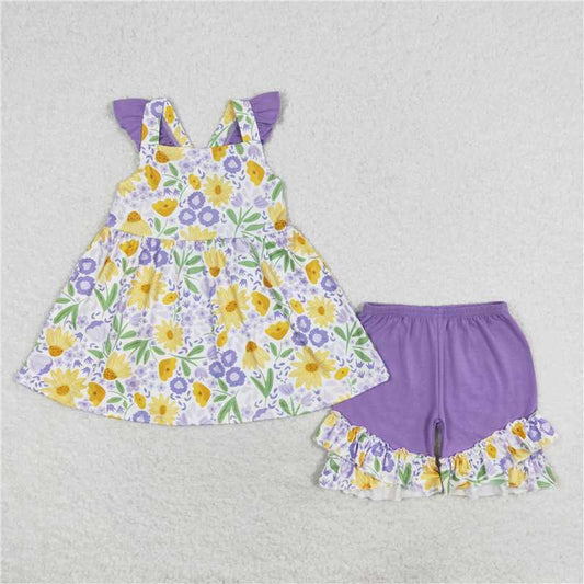 GSSO1177 Pink and purple flower flying sleeve shorts set