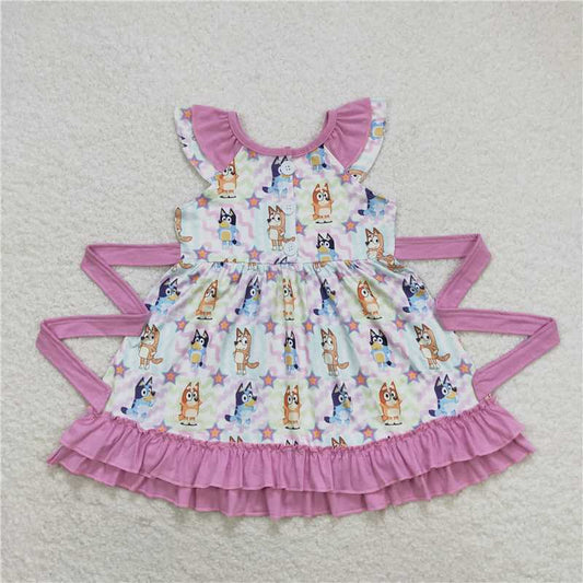GSD1060  Baby Girls Colorful Dogs Belt Ruffle Knee Length Dresses