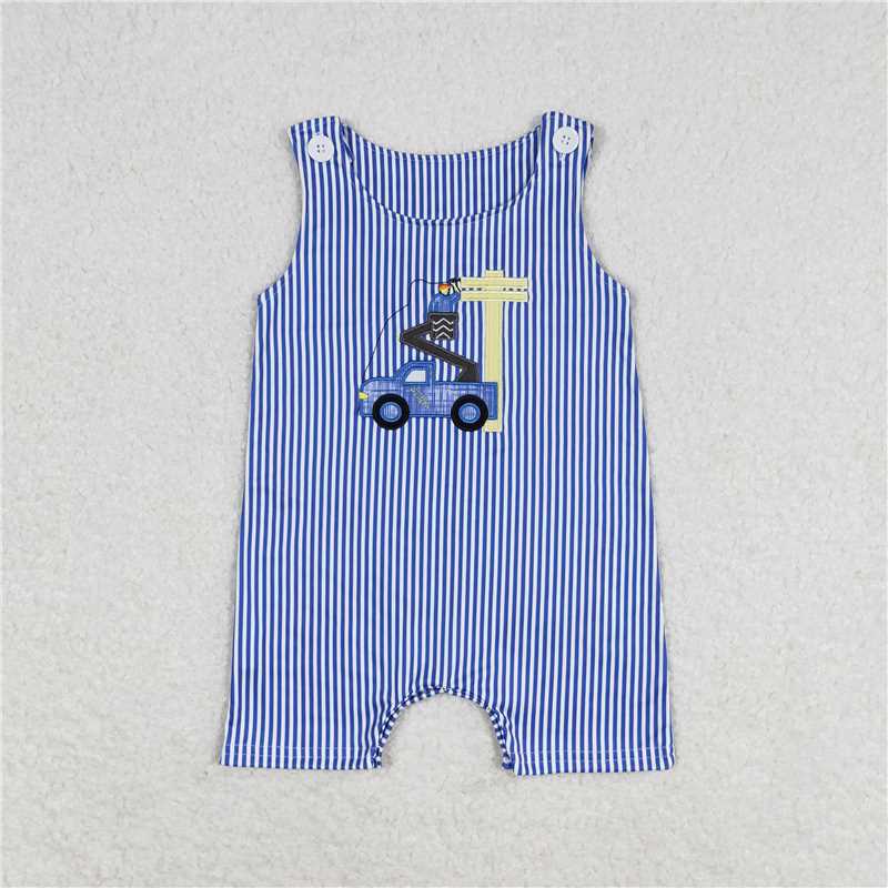SR1102 Baby Infant Boys Line Man Truck Blue Stripes Sleeveless Rompers