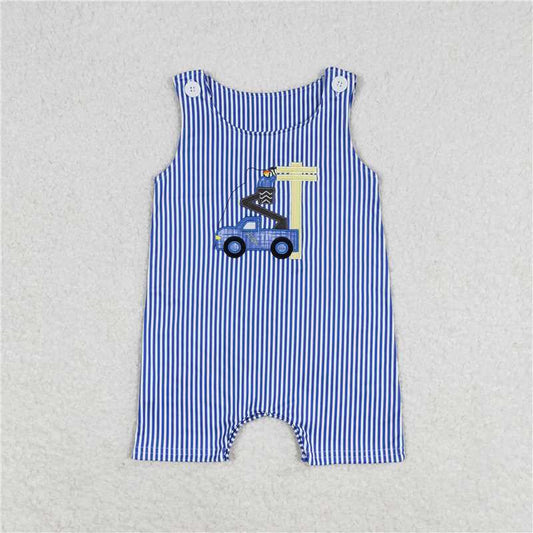 SR1102 Baby Infant Boys Line Man Truck Blue Stripes Sleeveless Rompers