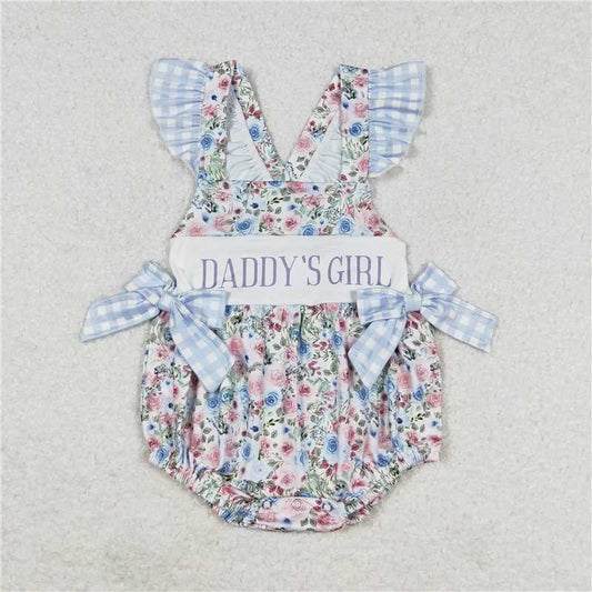 SR1240   Baby Girls Blue Floral Daddy's Girl Bows Rompers