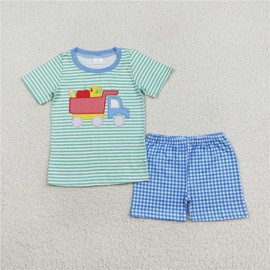 12.30 RTS NO MOQ （In stock）BSSO0978 Baby Boys Short Sleeve Back To School Truck Top Shorts Clothes Sets