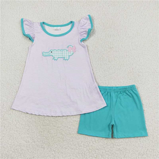 GSSO1286Flutter sleeves stripe crocodile top shorts girls clothes