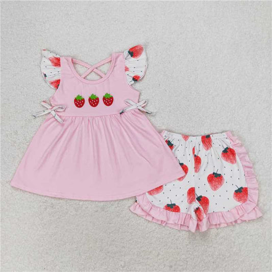 GSSO1054Pink strawberry tunic ruffle shorts girls clothing set