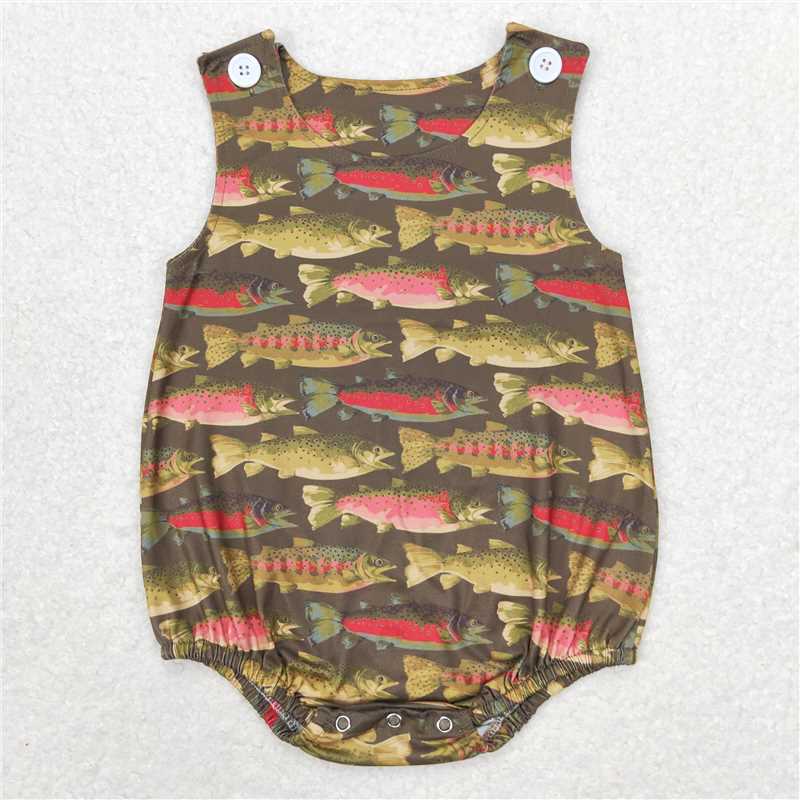 SR1165 Baby Infant Boys Dark Green Fish Summer Sleeveless Rompers