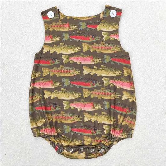 SR1165 Baby Infant Boys Dark Green Fish Summer Sleeveless Rompers