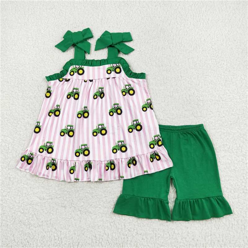 GSSO1222 Farm tractor pink stripe green lace suspender shorts set