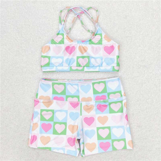 S0373  Baby Girls Pink Hearts Top Shorts Swimsuits