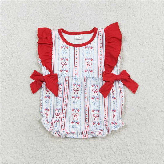 SR1717  Baby Infant Girls Red Bows Flag Ruffle 4th Of July Rompers