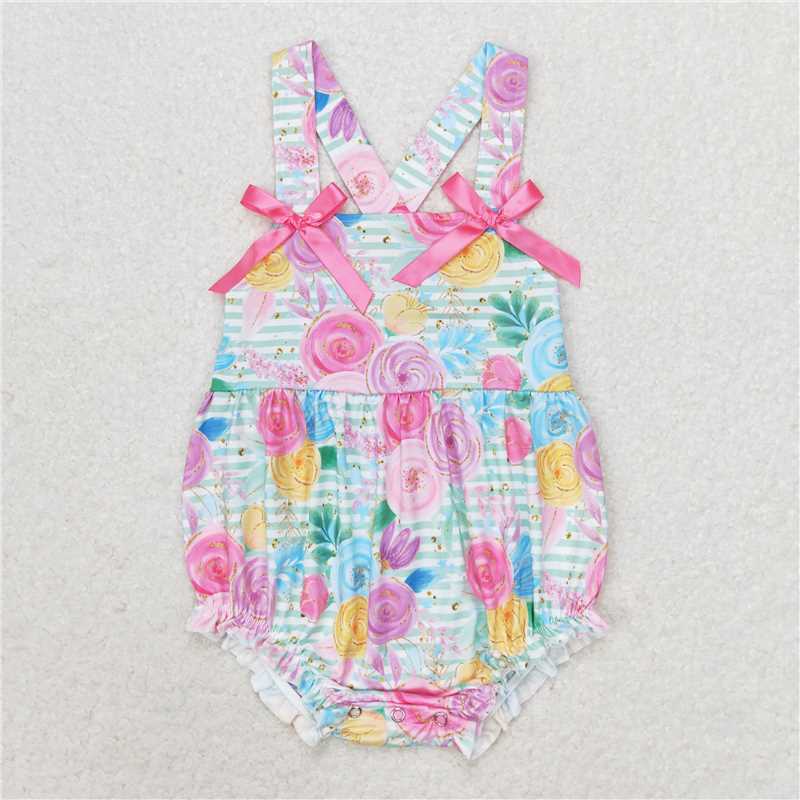 SR1424  Baby Infant Girls Green Stripes Flowers Straps Bows Rompers