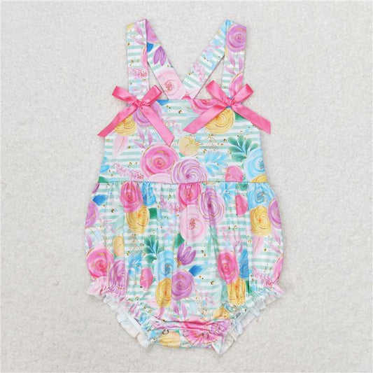 SR1424  Baby Infant Girls Green Stripes Flowers Straps Bows Rompers