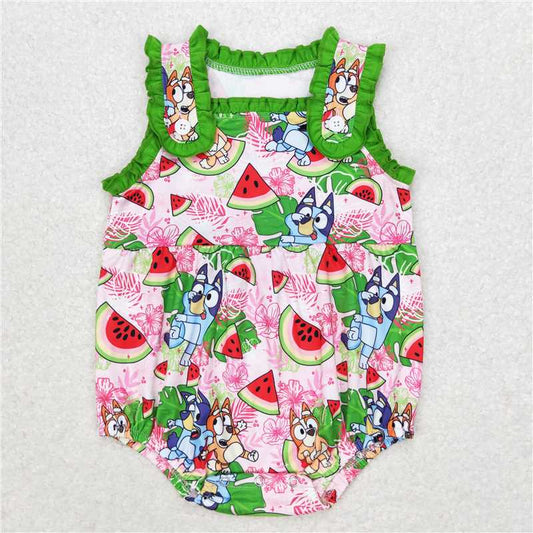 SR1308  Baby Girls Summer Dogs Watermelon Ruffles Rompers