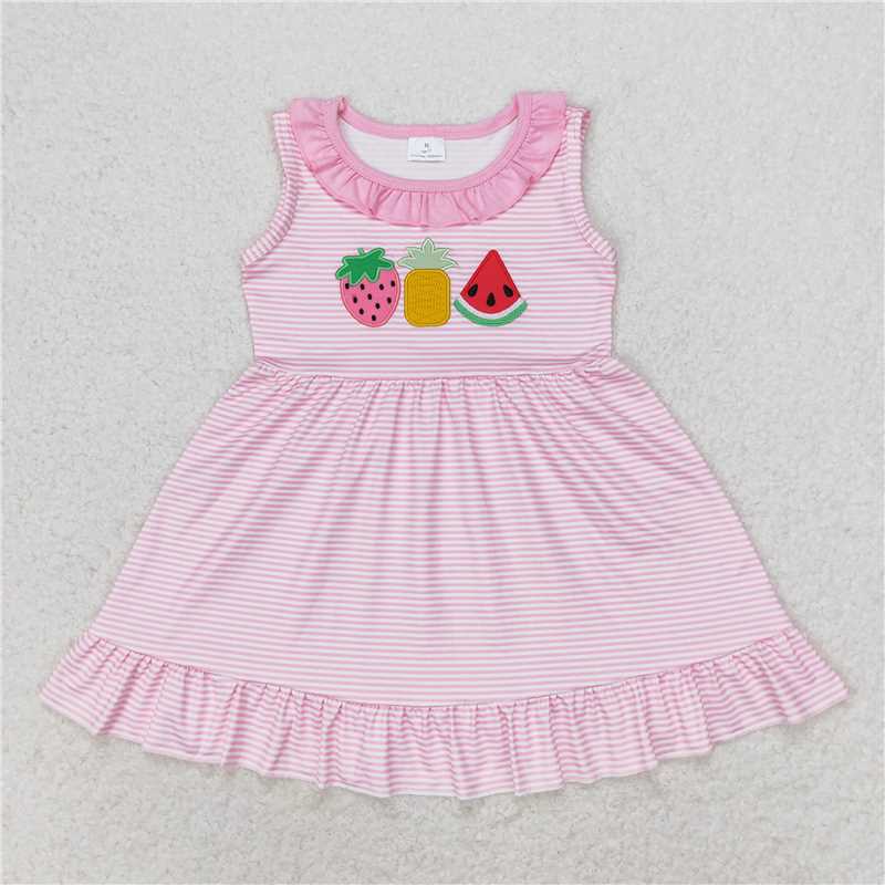 GSD1055  Embroidery Strawberry Pineapple Watermelon Striped Pink Lace Sleeveless Dress