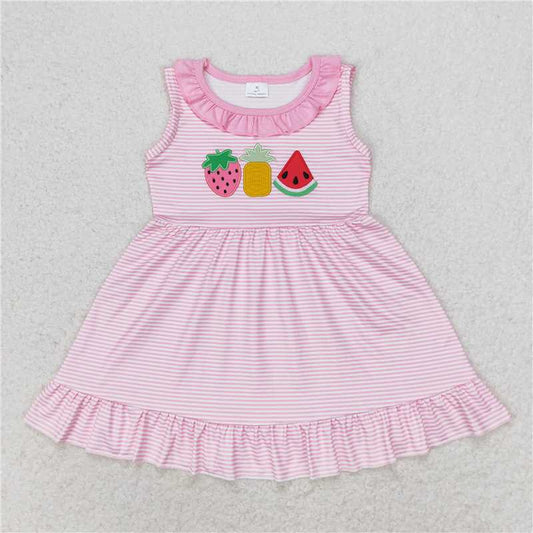 GSD1055  Embroidery Strawberry Pineapple Watermelon Striped Pink Lace Sleeveless Dress
