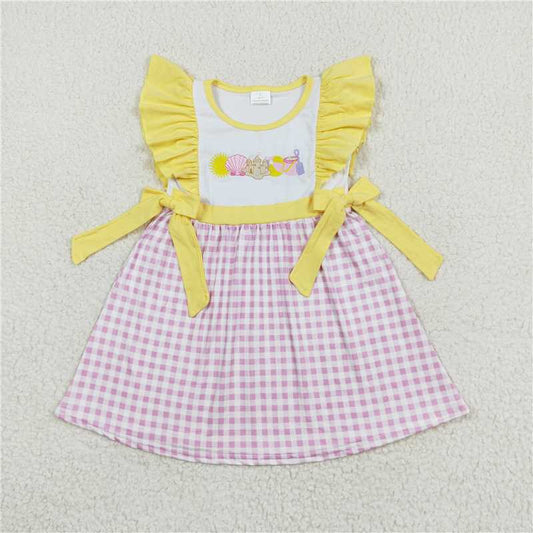 GSD0600 Embroidery Shell Castle Beach Ball Pink and White Plaid Yellow Lace Bowknot Flying Sleeve Dress